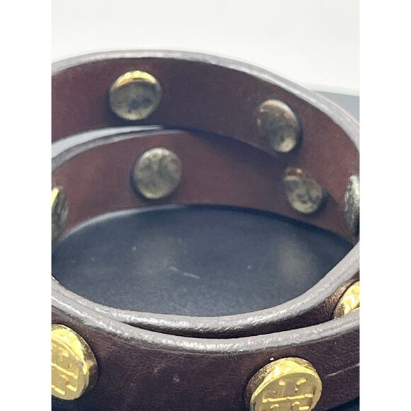 Tory Burch Jewelry Leather Brown Double Wrap Gold Logo Bracelet - Picture 3 of 7